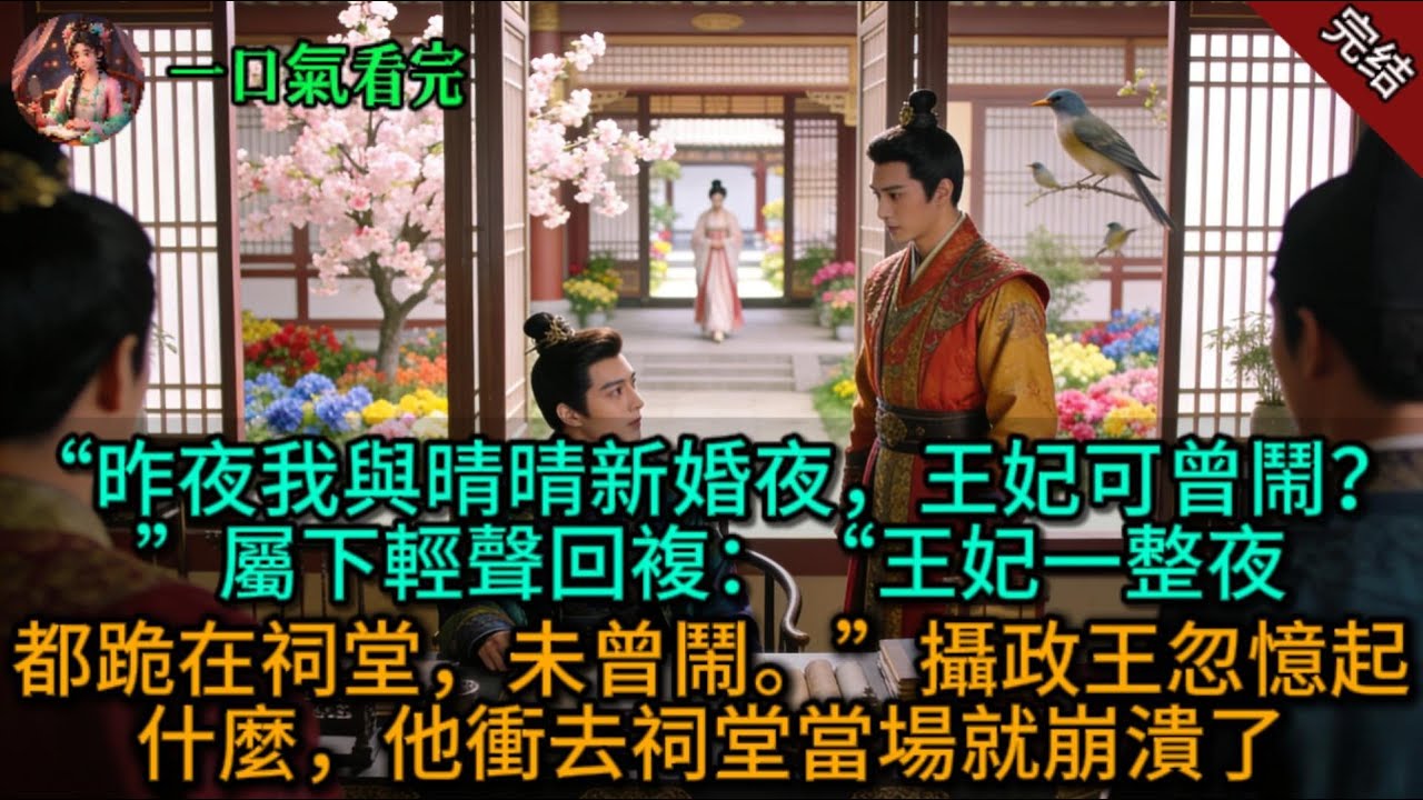 “昨夜我与晴晴新婚夜，王妃可曾闹？”属下轻声回复：“王妃一整夜都跪在祠堂，未曾闹。”摄政王忽忆起什么，他冲去祠堂当场就崩溃了。