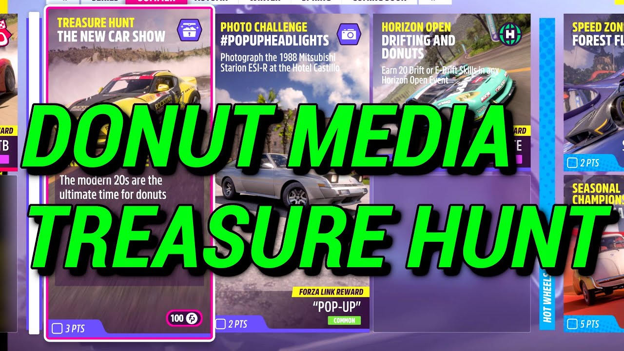 Forza Horizon 5 TREASURE HUNT location | Donut media series summer wet season | The new car show