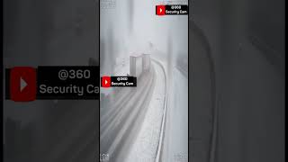Highway Overpass CCTV: Three Semi-Truck Chain-Reaction Crash in Whiteout Snowstorm
