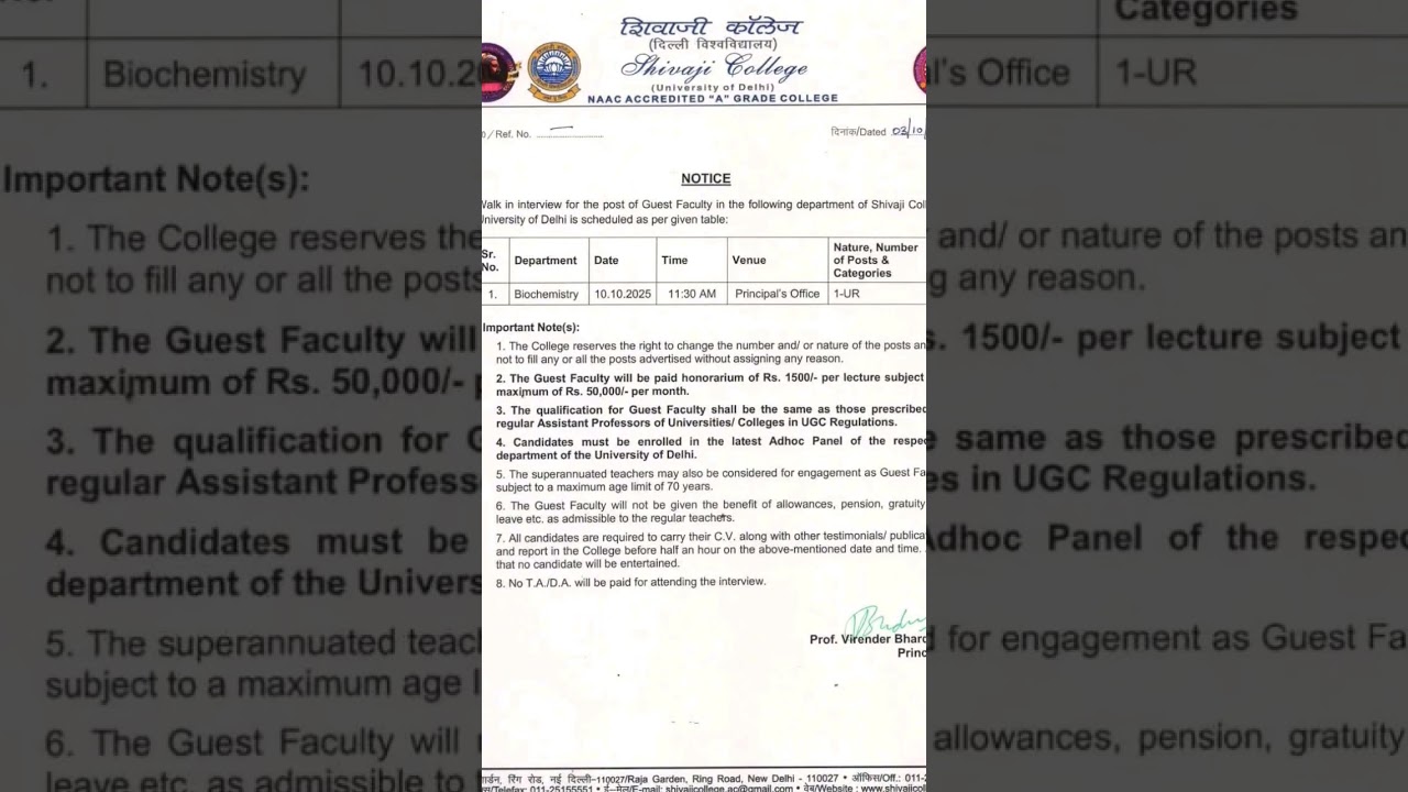 Delhi University recruitment notification ,Shivaji college 