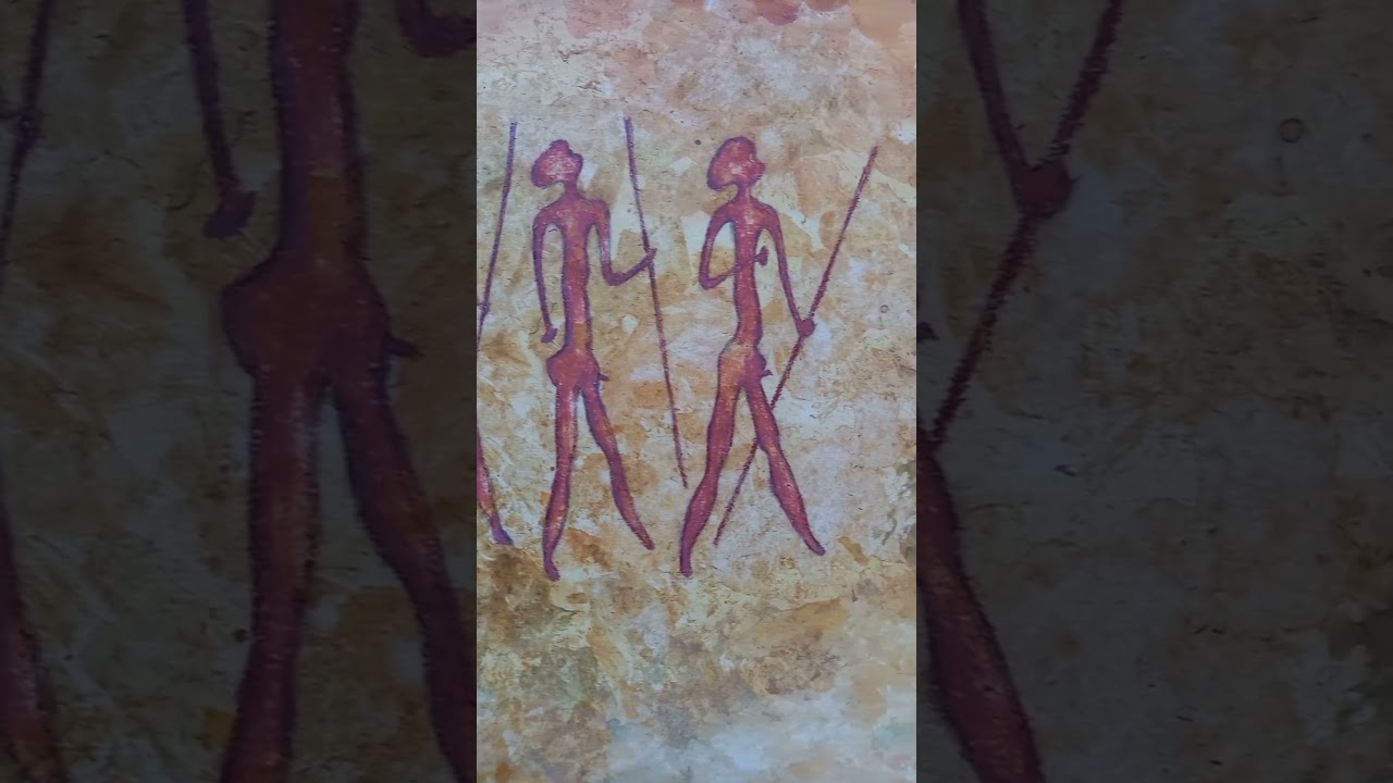 Drawing of a prehistoric hunters is a modern abstract. Watercolor painting Naive art Prehistoric man