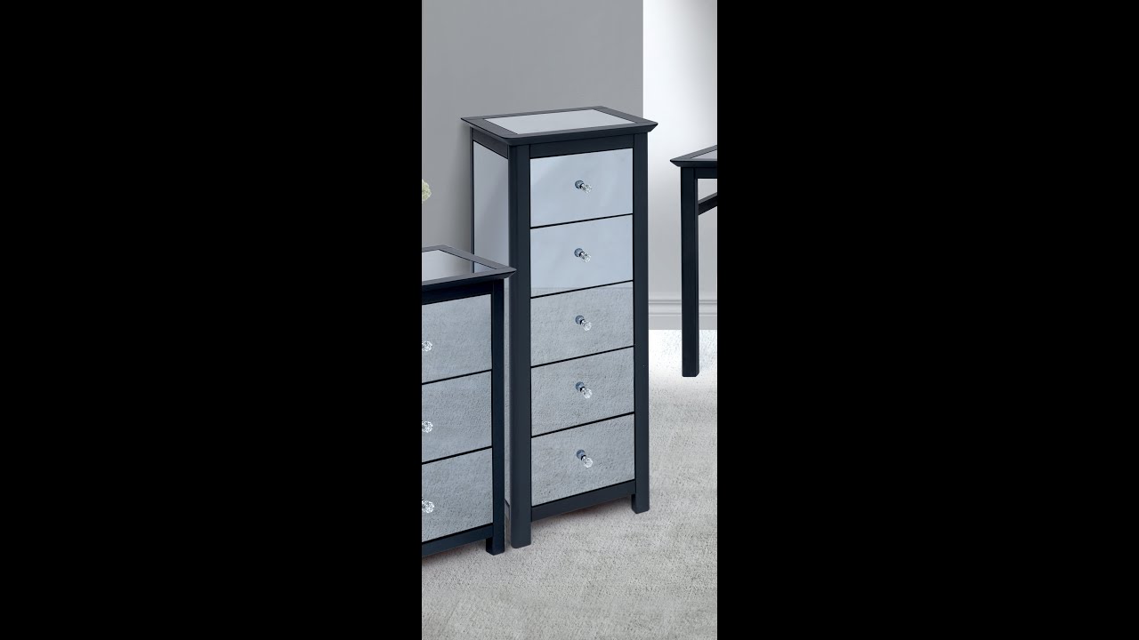 Mirrored Narrow Tallboy Slim Chest of 5 Drawers Storage Cabinet Unit with Diamond Cut Design Handles