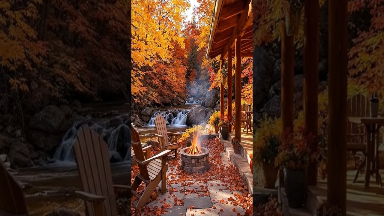 Rustic Cabin Porch in Golden Autumn 🍂 Peaceful Creekside Fall Ambience
