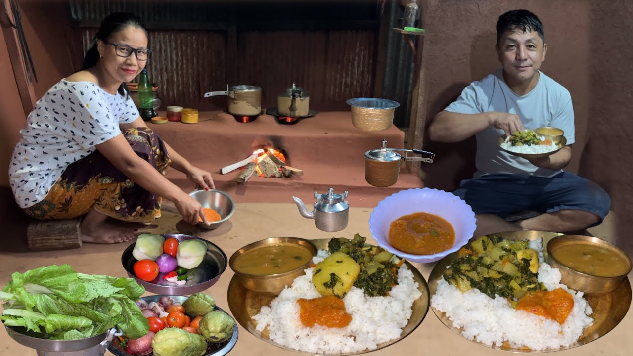 Darjeeling Village Khana: Rayo Saag & Iskush mix curry, Lentils with Rice||Nepali Cooking Video