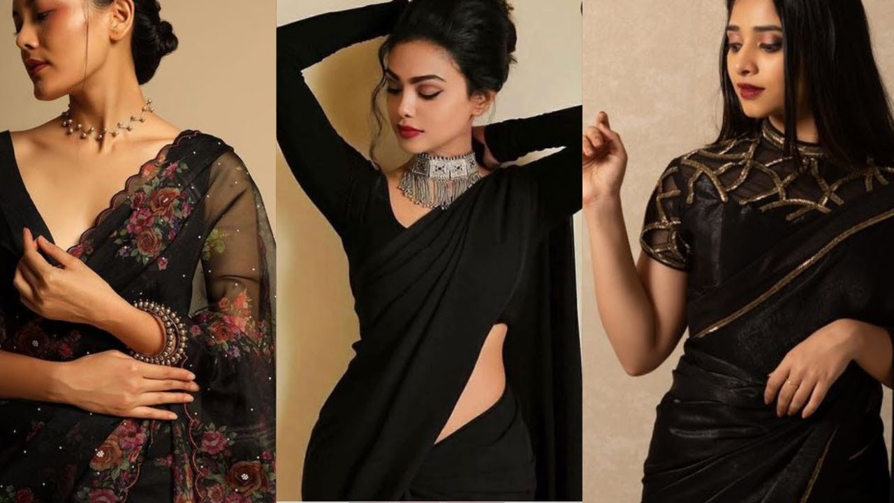 Plain Black Saree With Contrast Blouse Designs Ideas, 60% OFF