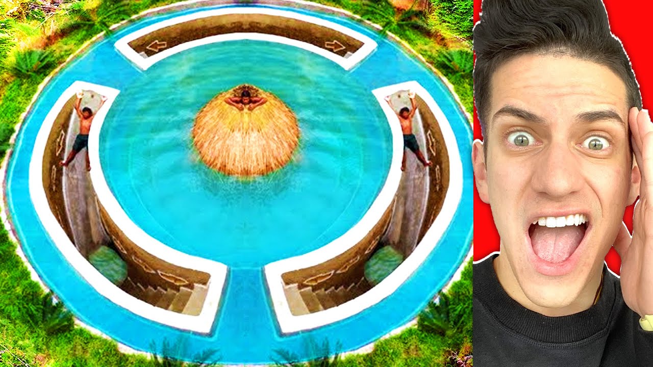 BUILD PRIMITIVE UNDERGROUND WATER SLIDE SWIMMING POOL TUNNEL HOUSE! (Try Not To Say WOW Challenge)