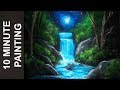 Painting a Moonlit Waterfall Landscape with Acrylics in 10 Minutes!