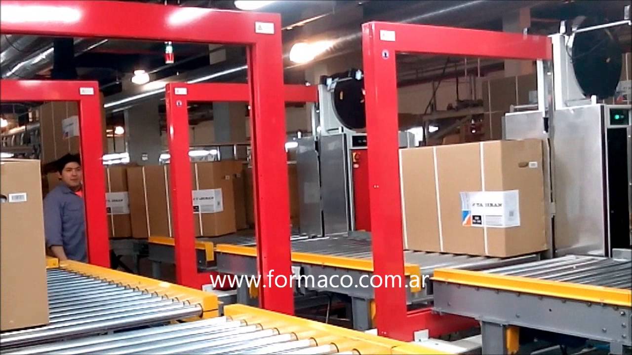 Línea de flejado de cajas de electrodomésticos