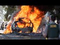 Cal fire fire trucks and more respond code 3 to a big car fire