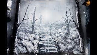 Black and white forest spray paint art with brushes