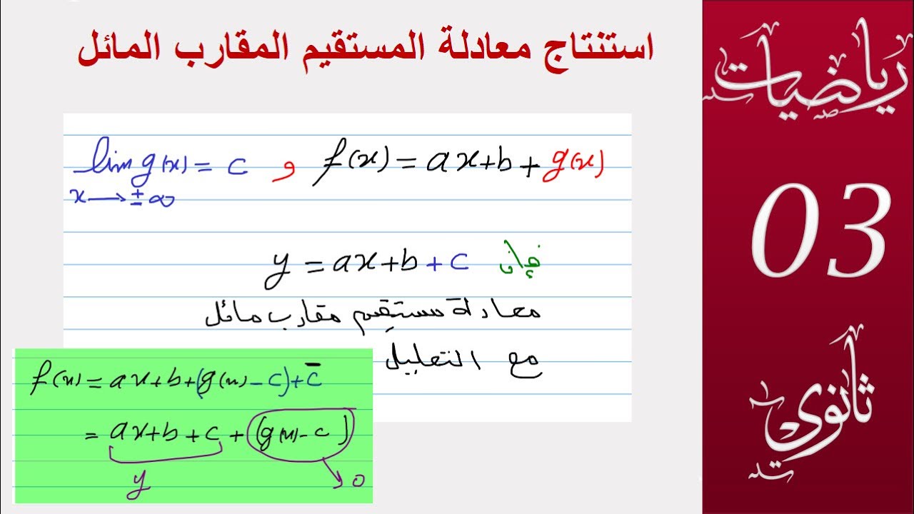 استنتاج معادلة المستقيم المقارب المائل من عبارة الدالة
