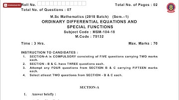 MSC 1ST SEM MATHEMATICS ORDINARY DIFFERENTIAL EQUATIONS AND SPECIAL FUNCTIONS NOV 2019 | PTU