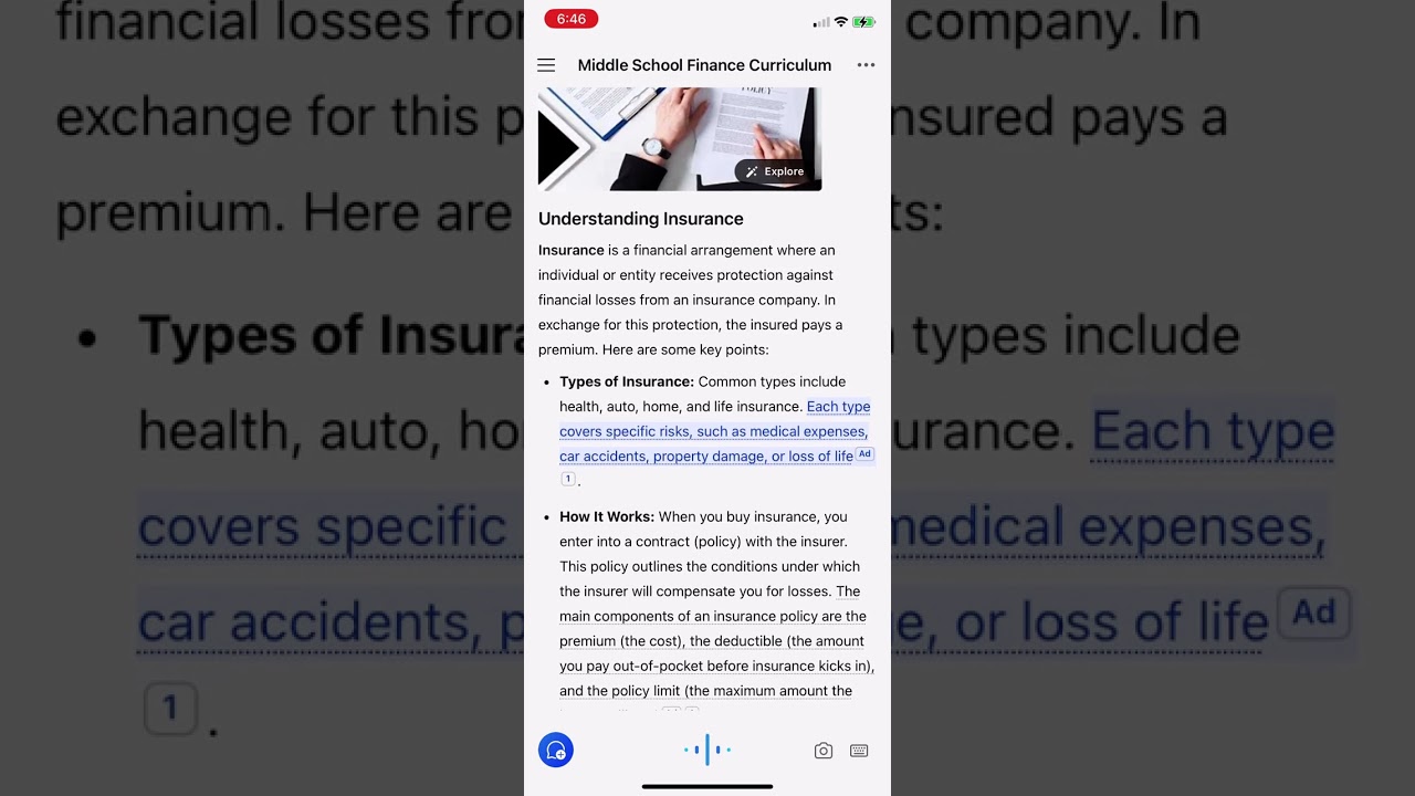 Basic financial literacy for middle school students and Insurance