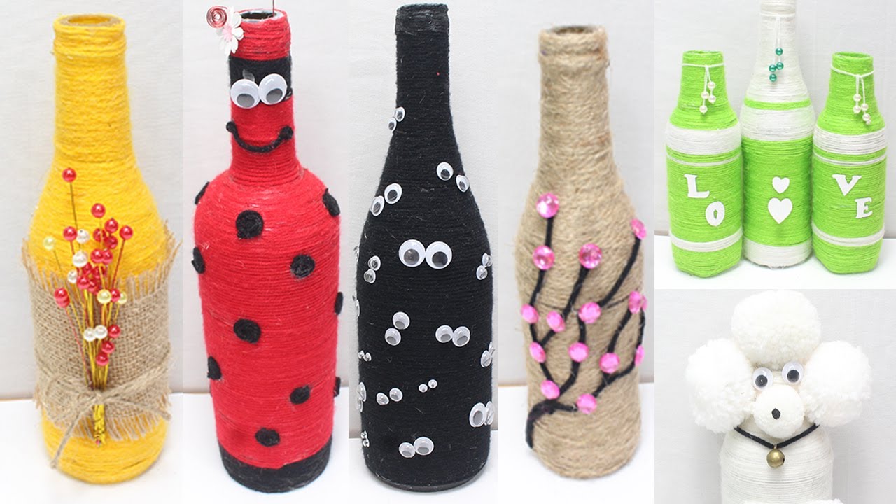 Glass bottle decoration ideas with wool | glass bottle craft idea ...