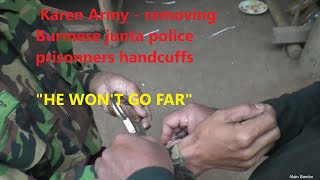 Karen Army - removing Burmese junta police prisonners handcuffs - Teaching PDF pre-combat stretching