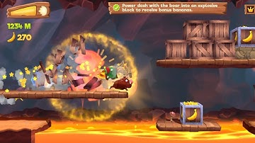 Banana Kong 2 Power dash with the boar into an explosive block to receive bonus bananas (In One Run)