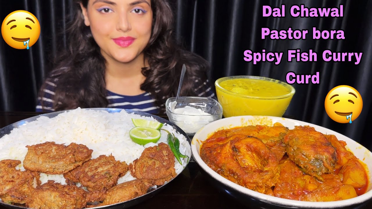 Rice, Dal, Spicy Fish Curry, Postor Bora, Curd | Mukbang Eating Show | Big Bites 