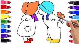 How To Draw And Color A Little Boy Kissing To Little Girl For Kids And Baby