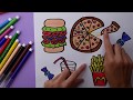 How To Draw  Food  for Kids. Coloring pizza burger soda potatoes fried for children