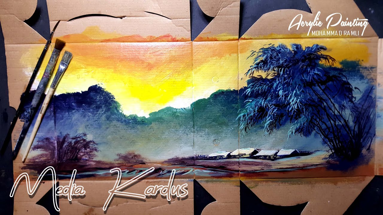Tutorial Melukis Sunset Pada Media Kardus Bekas Acrylic Painting Youtube Lukisan Matahari Terbenam Lukisan Akrilik Lukisan