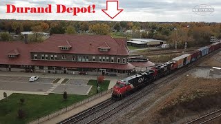 Trains at Durand Michigan Featuring HESR! (Drone Video)