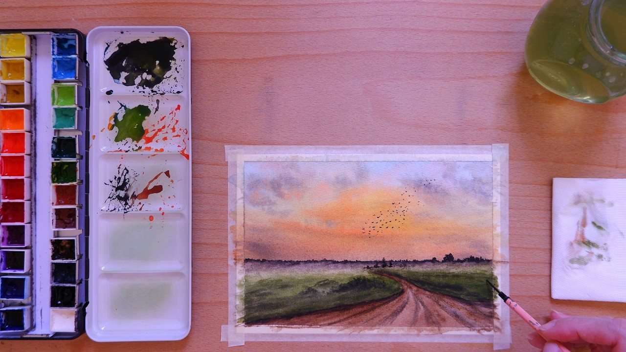 Sunset Landscape In Watercolor