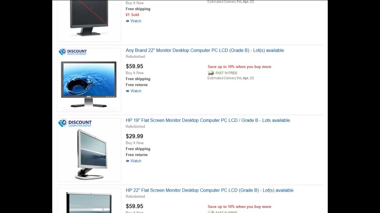 CHEAP LCD monitors for sale by Discount Computer Depot via eBay YouTube