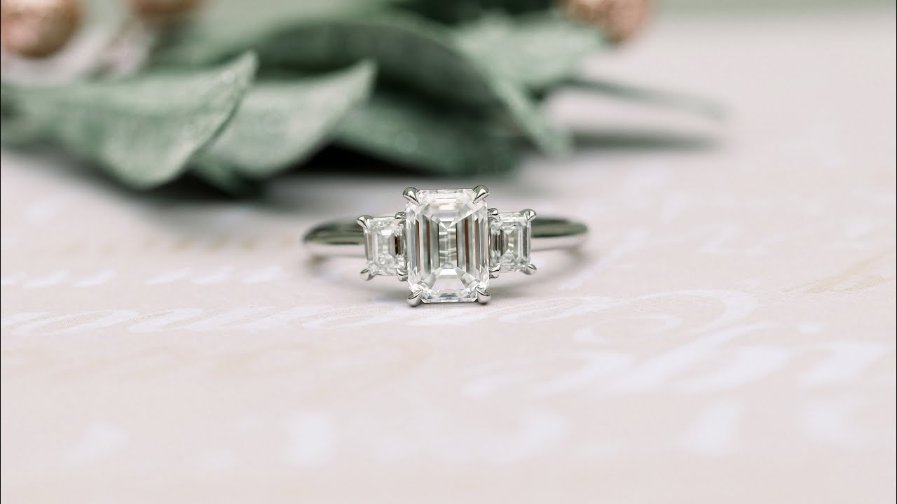 3ct Emerald Cut Three Stone Lab Diamond Engagement Ring Platinum Ada