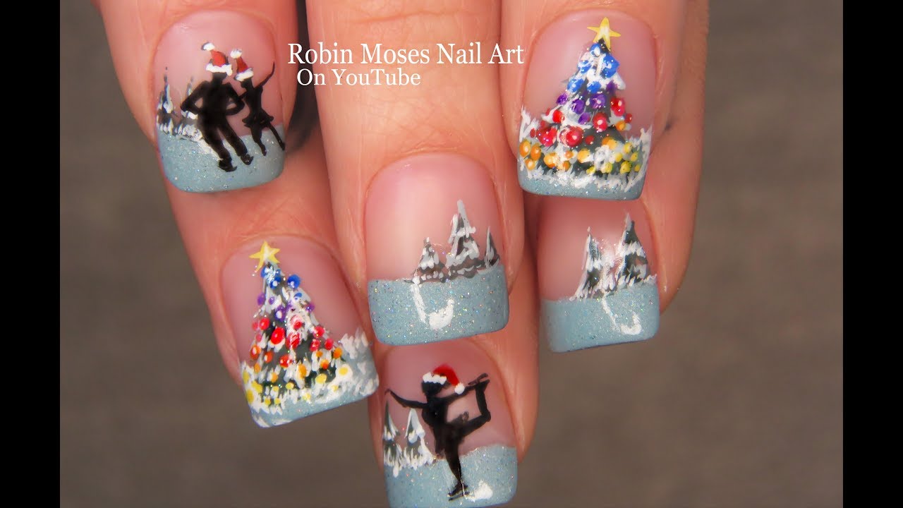 Christmas Ice Skaters + Rainbow Tree Nail Art Design - YouTube