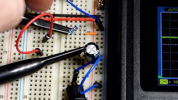 Charging capacitor RC time constant measured with 2 channel oscilloscope roll mode DC coupled