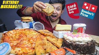 BIRTHDAY MUKBANG!! Dominos Double Cheese Pizza, Burger, Garlic Bread, Butterscotch Cake, Cold Coffee