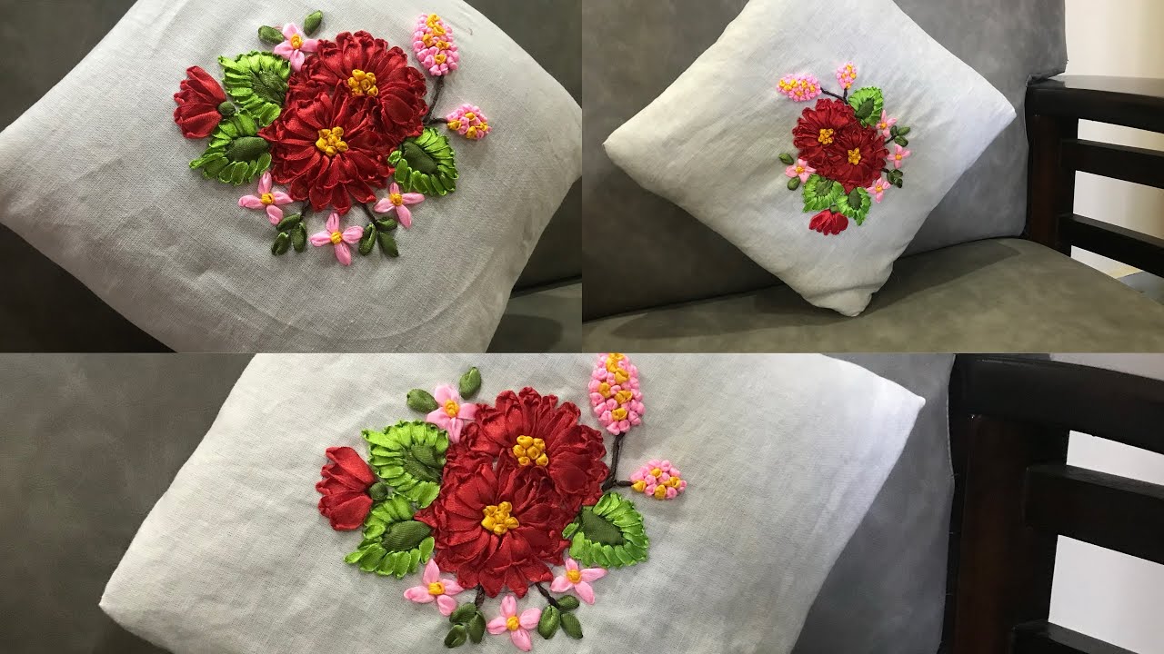 Beautiful ribbon embroidery design on pillow & cushion covers | ribbon work for home decoration