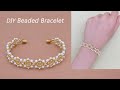 DIY Beaded Wreath Bracelet. How to Make Beaded Bracelet with White Pearls and Gold Seed Beads串珠花环手链