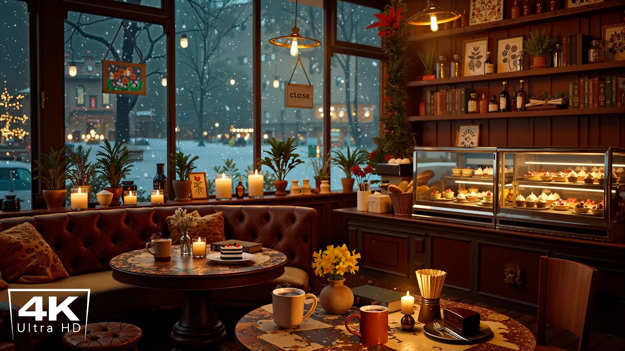 4K  Winter Coffee Shop Ambience ❄ Snowy Night with Warm Jazz Instrumental Music for Relaxing & Work