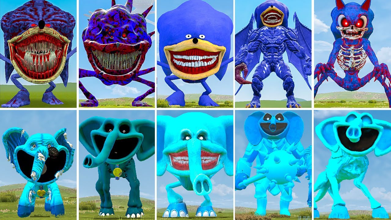 ALL SONIC BLUE VS CURSED SONIC VS ALL NEW POPPY PLAYTIME VS ELEPHANT TAPES in GARRY'S MOD !!!