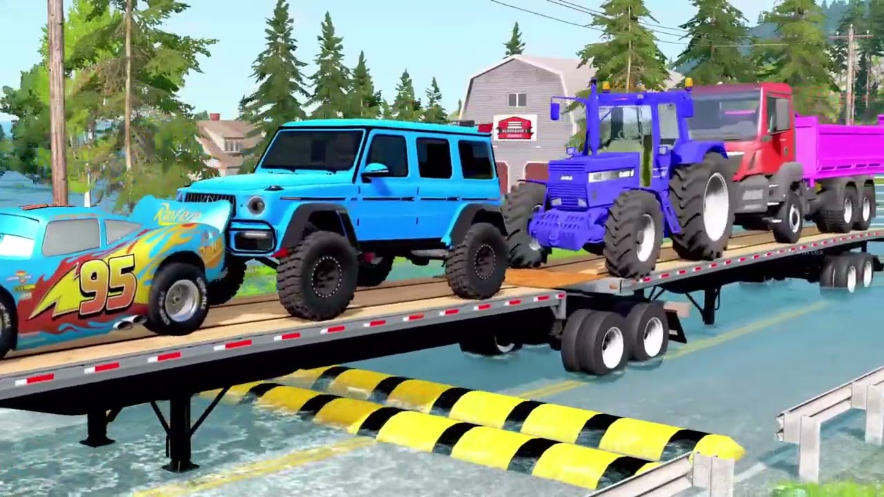 Triple Flatbed Trailer McQueen Transportation with Truck - Speedbumps vs Cars vs Train - BeamNG #17