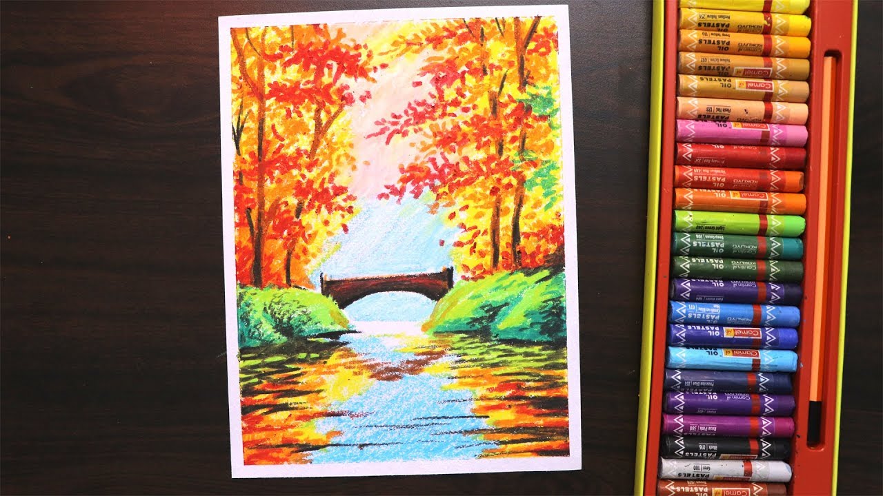Oil pastel drawing for beginners | Autumn season scenery drawing ...