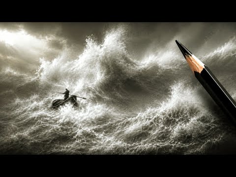 A pencil drawing of a boat and a boatman battling stormy sea waves.