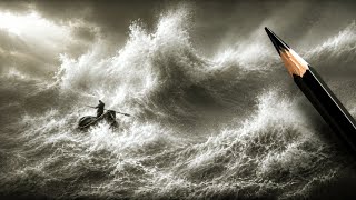 A pencil drawing of a boat and a boatman battling stormy sea waves. screenshot 5