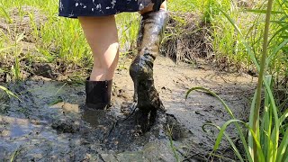 Girl in High Heels Boots stuck in deep mud and swamp, boots in mud, boots abuse (vol. 4)