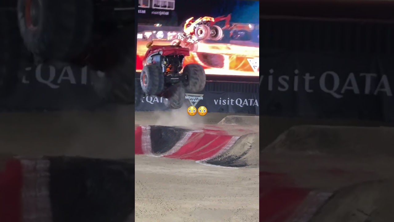 Big Monster Jam trucks rolling in, Grave Digger, Max D, Megalodon, and El Toro Loco