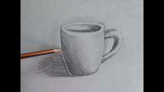 رسم فنجان قهوة بقلم الرصاص مع التظليل