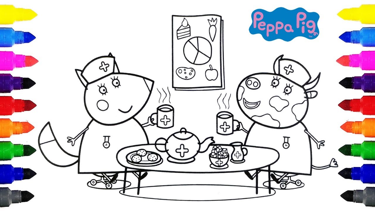 Peppa Pig Hospital Mrs. Fox and Mrs. Cow Tea Time Coloring for Kids