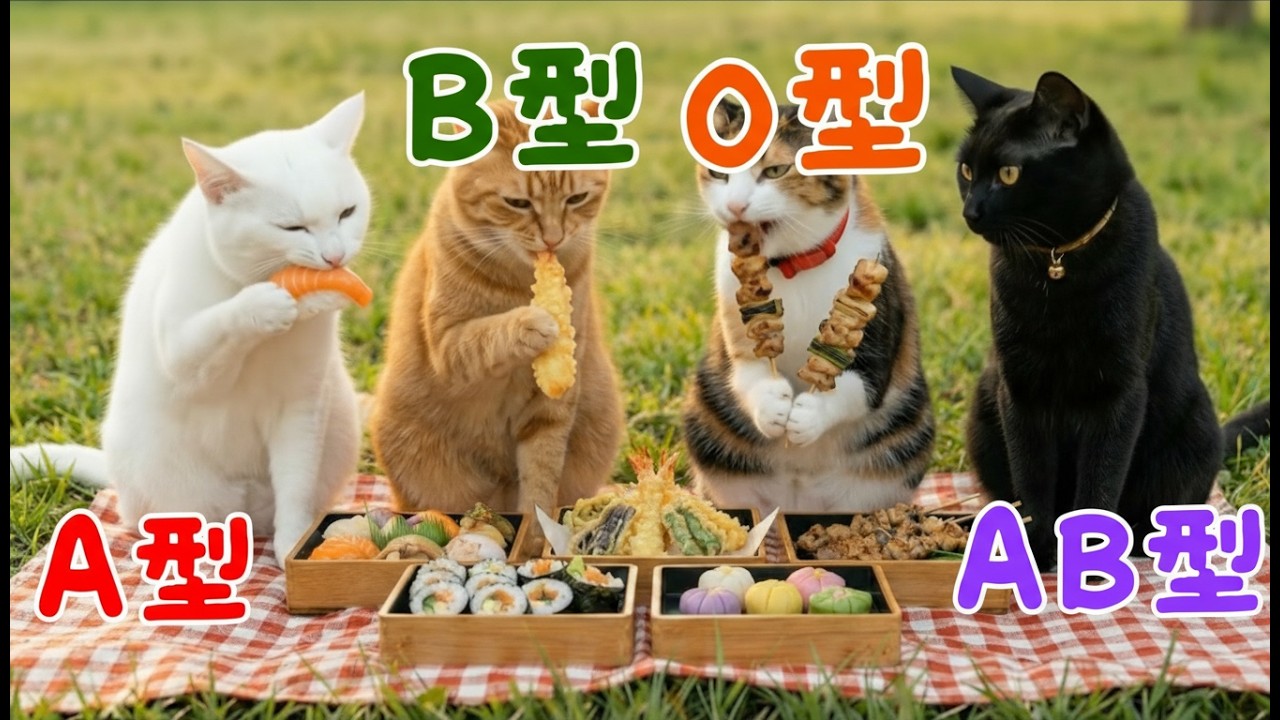 【血液型あるある】AI猫のピクニックの楽しみ方🐱🧺お外で食べるお弁当（猫缶）に癒されるひととき｜一生懸命な姿が可愛すぎる【意外な違い？】AI猫たちがピクニックへ出発！🐱草原で食べる特製猫缶が最高