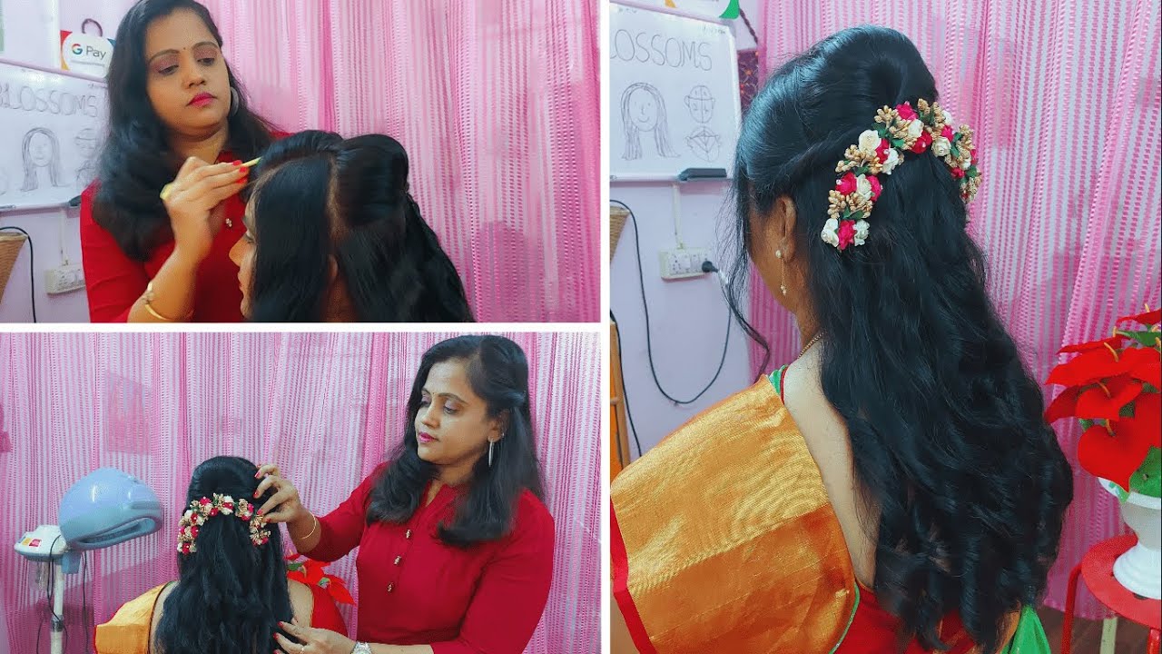 Indian bride's reception hairstyle by Vejetha for Swank Studio. Curls.  Bridal lehenga. Hair Accessories.… | Hair styles, Indian bridal hairstyles,  Womens hairstyles