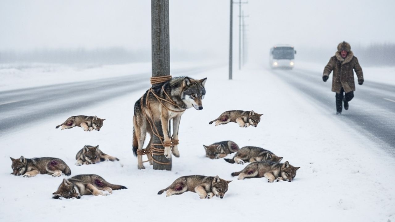 Старик увидел волчицу, привязанную к столбу, и её мёртвых щенков в снегу