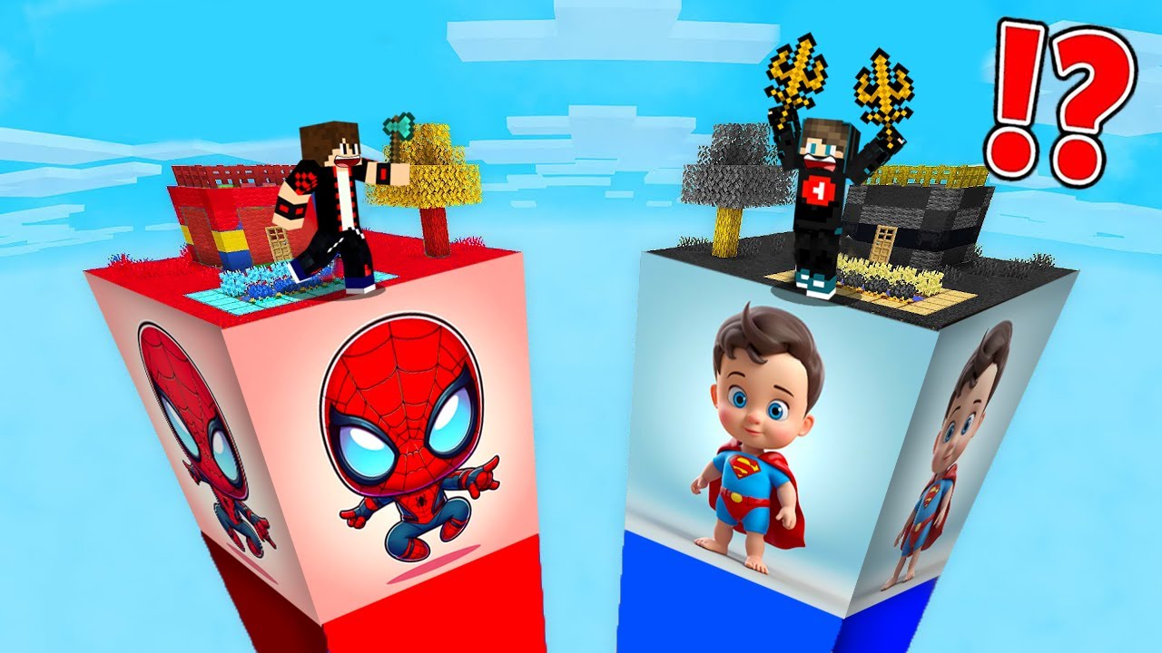 ماين كرافت : حـرب أبراج الأطفـال الخارقين ولكن برج سبايدرمان الطفل ضد برج سوبرمان الطفل !!؟ 🔥😱