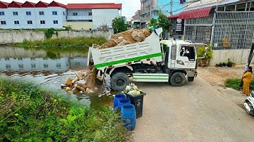 Starting a Wonderful Project! Landfill on Flooded Garbage Pond Use Dozer Pushing Stone Into Water
