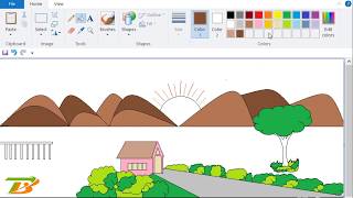 How To Draw - Beautiful Hut, Tree, Mountain Scenery In Ms Paint Computer Drawing