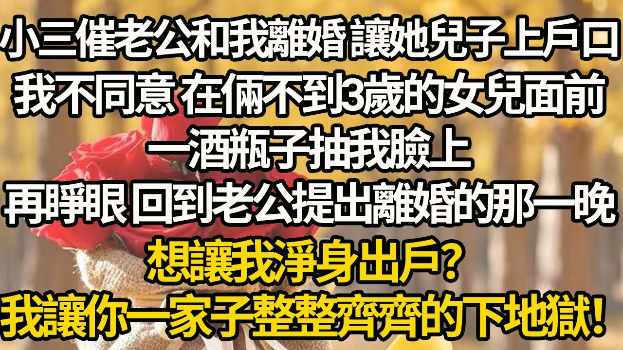 【完結】小三催老公和我離婚 讓她兒子上戶口，我不同意 在倆不到3歲的女兒面前，一酒瓶子抽我臉上，再睜眼 回到老公提出離婚的那一晚，想讓我淨身出戶？我讓你一家子整整齊齊的下地獄！